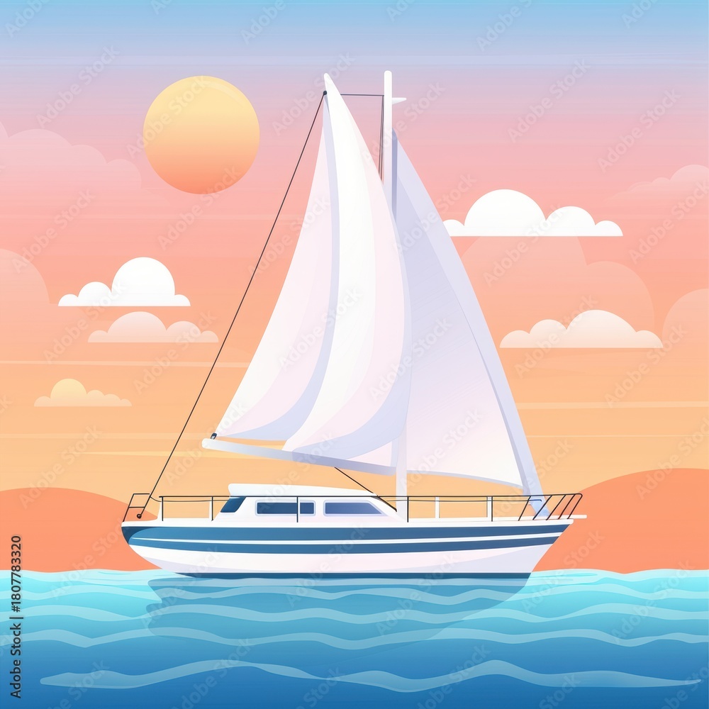 Fototapeta premium Sailboat gliding on calm waters under a colorful sunset sky with soft clouds.