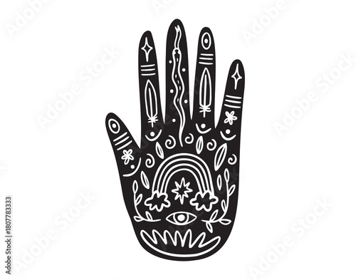 ethnic, mystic or hippie hand palm poster tattoo. hand with pattern icon doodle hand drawn. Outline drawing hand palm tattoo line clipart symbol