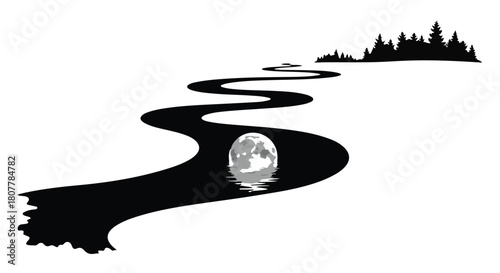 Serene river flows through tranquil landscape reflecting a luminous moon.