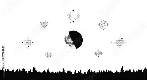 Mysterious celestial orb with geometric patterns floating above a dark forest silhouette under a stark sky.