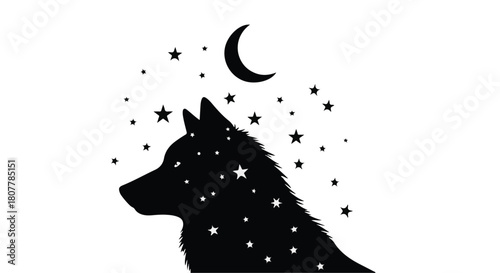 Mystical wolf silhouette under a starry night sky with a crescent moon