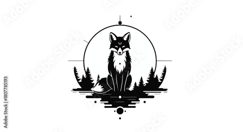 Mysterious fox silhouette in a circular forest emblem with celestial elements.