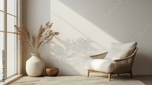 Minimalist Black Friday home decor advertisement modern interior design setting stylish furniture arrangement soft neutral tone professional commercial image