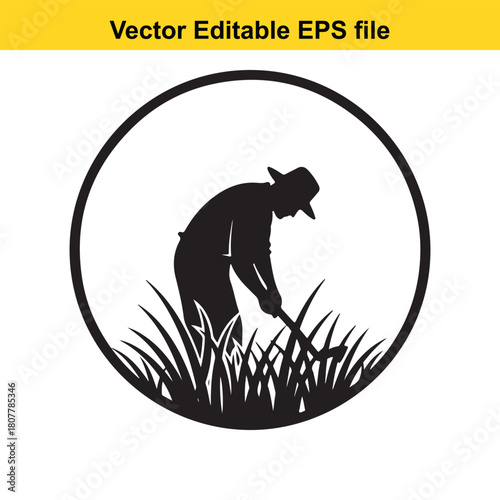 Silhouette of a farmer working in the field, cutting grass with a scythe, inside a circle isolated on vector illustration