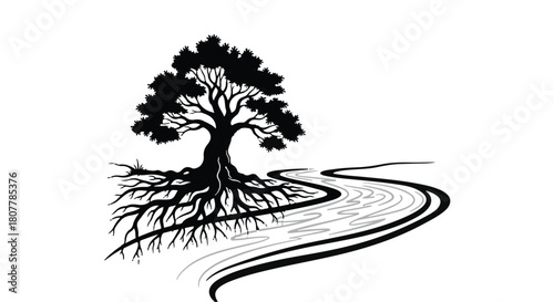 Majestic tree with sprawling roots beside a flowing river, symbolizing life and growth
