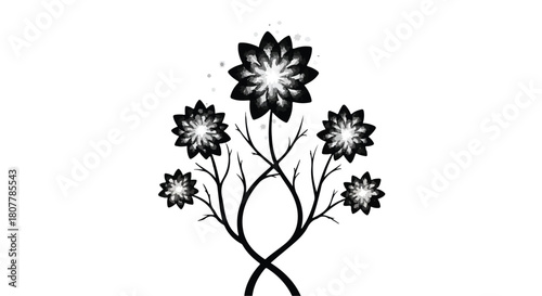 Stylized black floral arrangement with symmetrical branches and glowing centers