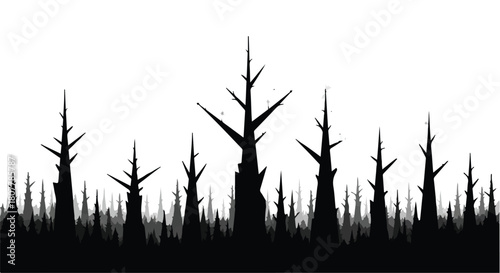 Dark silhouette of barren trees creating a spooky, mysterious forest landscape against a white background.