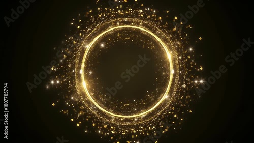 A shimmering golden ring formed by sparkling particles with bright lights moving on a dark background.