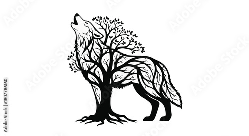 Majestic wolf silhouette formed by a stylized tree, howling at the moon