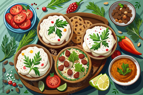 Top view of minced lamb loaves with creamy yogurt, fresh herbs and vibrant seasonings, tasty Middle Eastern-inspired dishes presented in a delicious rustic food mix for culinary photography.