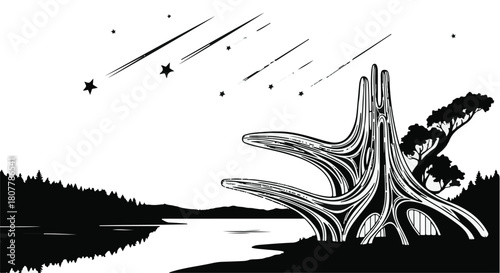 Futuristic organic structure on a tranquil lakeside under a starry night sky with shooting stars.