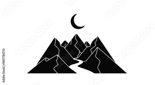 Mystical crescent moon shines over a winding river flowing through majestic mountain peaks.