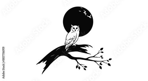 Elegant owl perched on a bare branch under a dramatic full moon