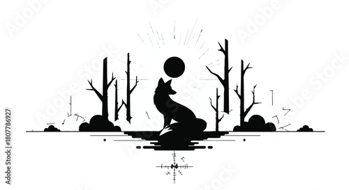 Mystical fox silhouette under a full moon in a stark, abstract forest setting.