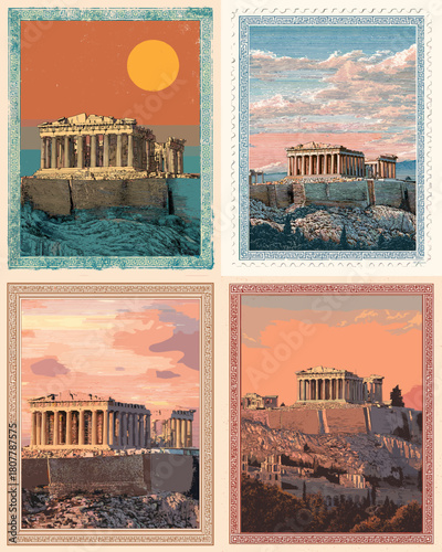 A beautifully illustrated set of the Acropolis in Athens with warm sunsets rocky landscapes and classical ruins perfect for travel art postcards and ancient history themes.