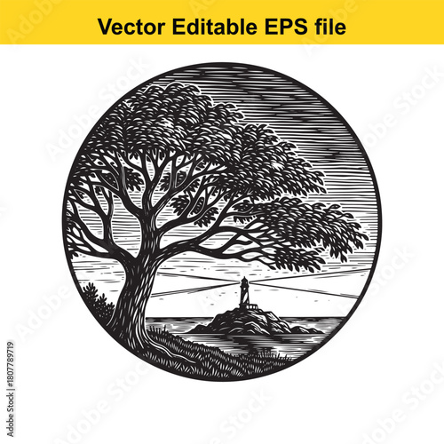 Woodcut style illustration of a tree on a hill overlooking a lighthouse on a small island, creating a serene and picturesque coastal scene