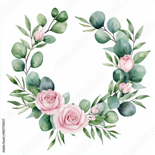 Romantic flower wreath, roses and eucalyptus leaves, watercolor design, blush and green tones, isolated on white background