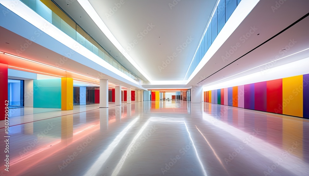 Fototapeta premium Vibrant Modern Hallway: Colorful Interior Design with Reflective Floor and Bright Architectural Lighting - Contemporary Space