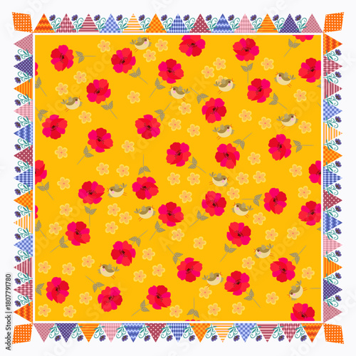 Red poppies and small green birds on an orange background. Decorative frame of tiny flowers and many triangular patches. Beautiful print for a napkin, pillow, handkerchief.