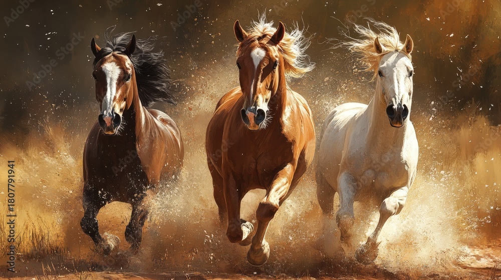 Fototapeta premium Wild Mustang Herd Running Free Across Golden Prairie Landscape, Dynamic Action Photography, Nature Wildlife Portrait.