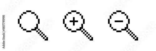 Pixel magnifying glass icons with zoom options, Search magnifier icon with plus and minus symbols, Pixel art, Vector illustration.
