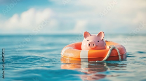 A piggy bank floating in a lifebuoy on water symbolizes financial risk management and protection