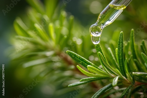 Close-up of essential oil dropper with rosemary plant nature wellness essential oil dropper rosemary plant