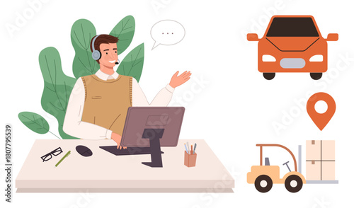 Man wearing headset at desk assisting customers. Includes car, location pin, forklift, and boxes. Ideal for customer support, logistics, automotive industry, transportation delivery shipping