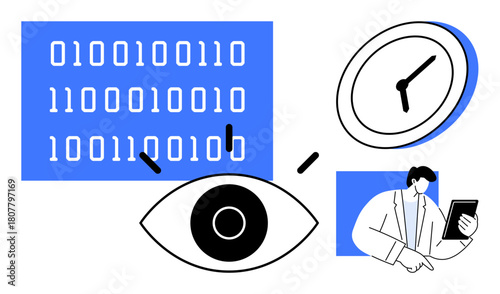Binary data, eye representing observation, clock symbolizing time management, and individual with tablet for analytics. Ideal for technology, data privacy, time tracking, productivity, security