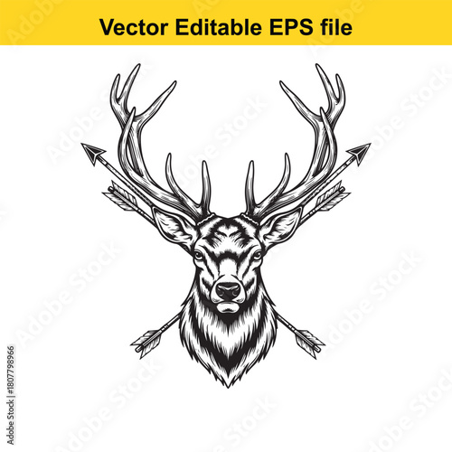A striking monochrome illustration presents a deer head adorned with crossed arrows, embodying the spirit of the hunt isolated on