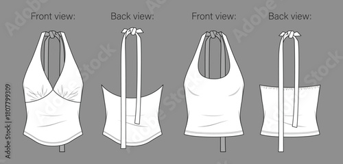 Women’s halter neck sleeveless top CAD vector. Summer tank top with frills, bow and straps, technical flat drawing, blouse template, front and back views, elastic fabric, white color, 2 pieces set