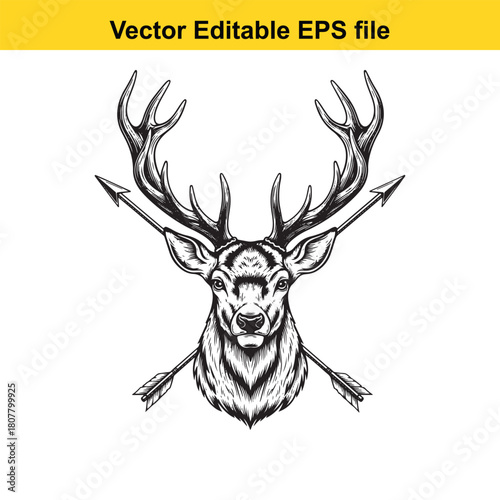 Majestic deer head with crossed arrows isolated on, a symbol of strength, nature, and hunting, perfect for wildlife and outdoor themes
