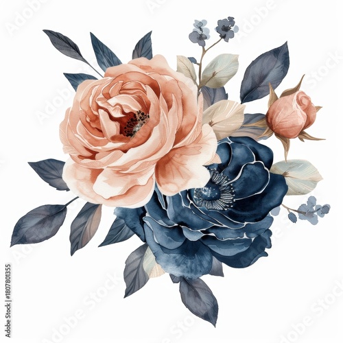 Watercolor of a navy blue and blush roses, in white background