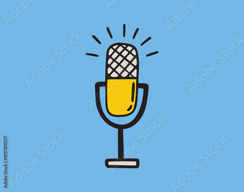 Colorful podcast microphone in yellow and black on bright blue background