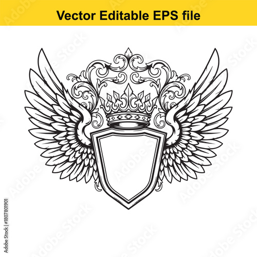 Heraldic shield with crown and wings isolated on coat of arms template tattoo design element vector illustration in engraving style