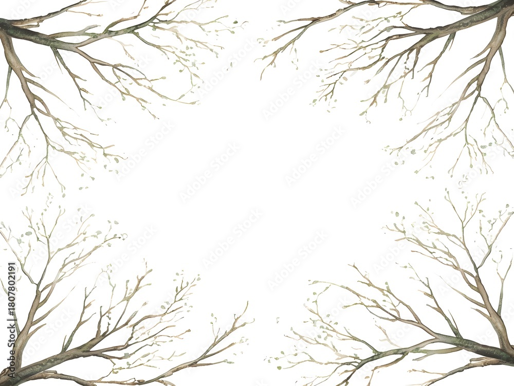 Fototapeta premium Thin intertwined tree branches forming a clean artistic border on white.