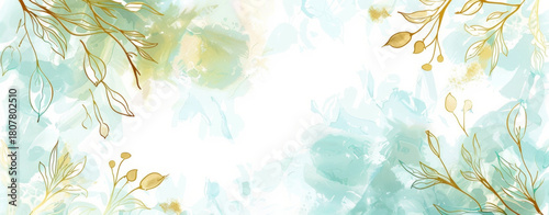 Floral background blue and green watercolor stains. Golden cherry leaves wall art with shiny light texture.