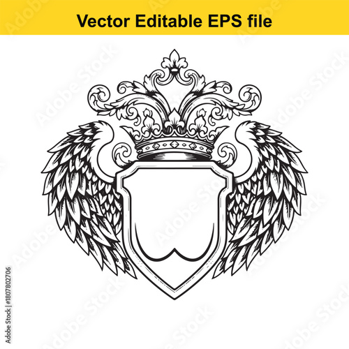 Heraldic shield with crown and wings isolated on, a symbol of power and nobility, perfect for logo or emblem design