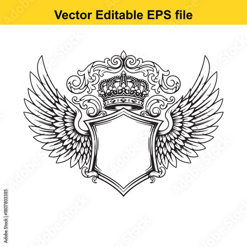 Heraldic shield with crown and wings isolated on, a symbol of power and nobility, perfect for logo or emblem design
