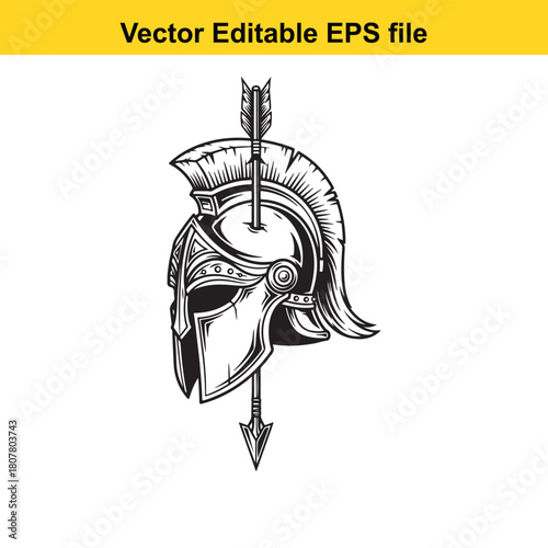 Illustration of a spartan helmet with an arrow through it isolated on, showcasing ancient warfare and historical symbolism