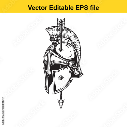 Illustration of a spartan helmet with an arrow through it isolated on, symbolizing ancient warfare and historical battles