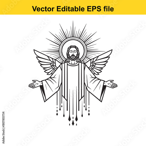 Illustration of jesus christ with wings isolated on, radiating divine light and embodying spiritual grace and salvation