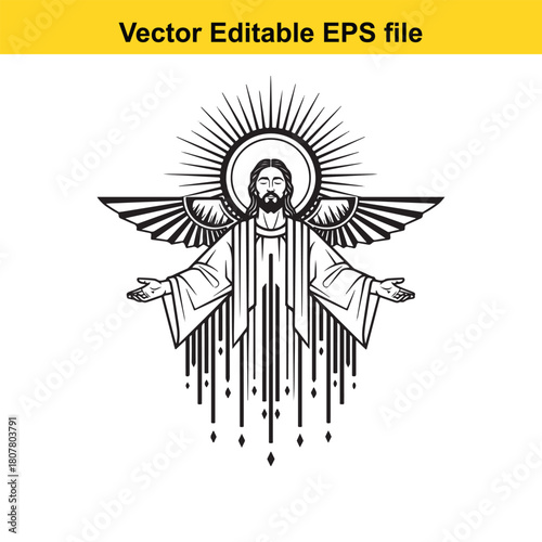 Jesus christ with open arms and wings, a symbol of love, faith, and redemption, isolated on a powerful representation of spirituality