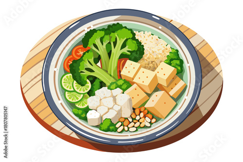 Top view of healthy tofu bowl with broccoli and rice on clean white background, balanced vegetarian meal showcasing fresh ingredients, nutritious vegetarian food concept for modern lifestyle illustrat