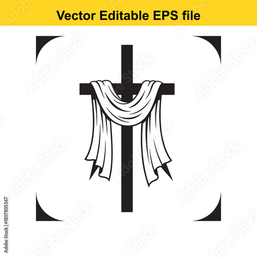 Simple cross draped with cloth, symbolizing mourning and remembrance, set against a plain backdrop, isolated on