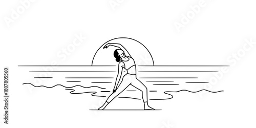 Yoga Stretching Beach Sunset Simple Line Art Vector Wellness