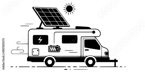 Camper Van Solar Panel Road Trip Sustainability Flat Vector