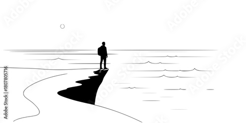 Solo Traveler Silhouette Cliff Edge Minimalist Line Art Vector