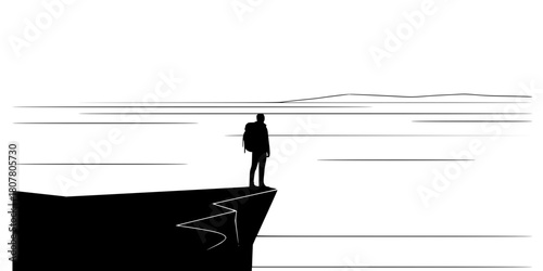 Solo Traveler Silhouette Cliff Edge Minimalist Line Art Vector