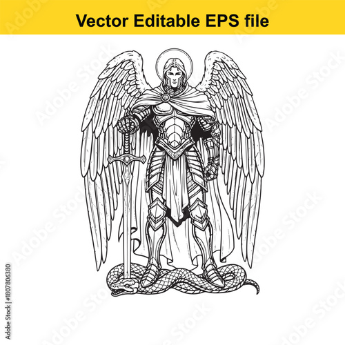 Illustration of the archangel michael standing over a serpent with a sword, isolated on a powerful symbol of good versus evil